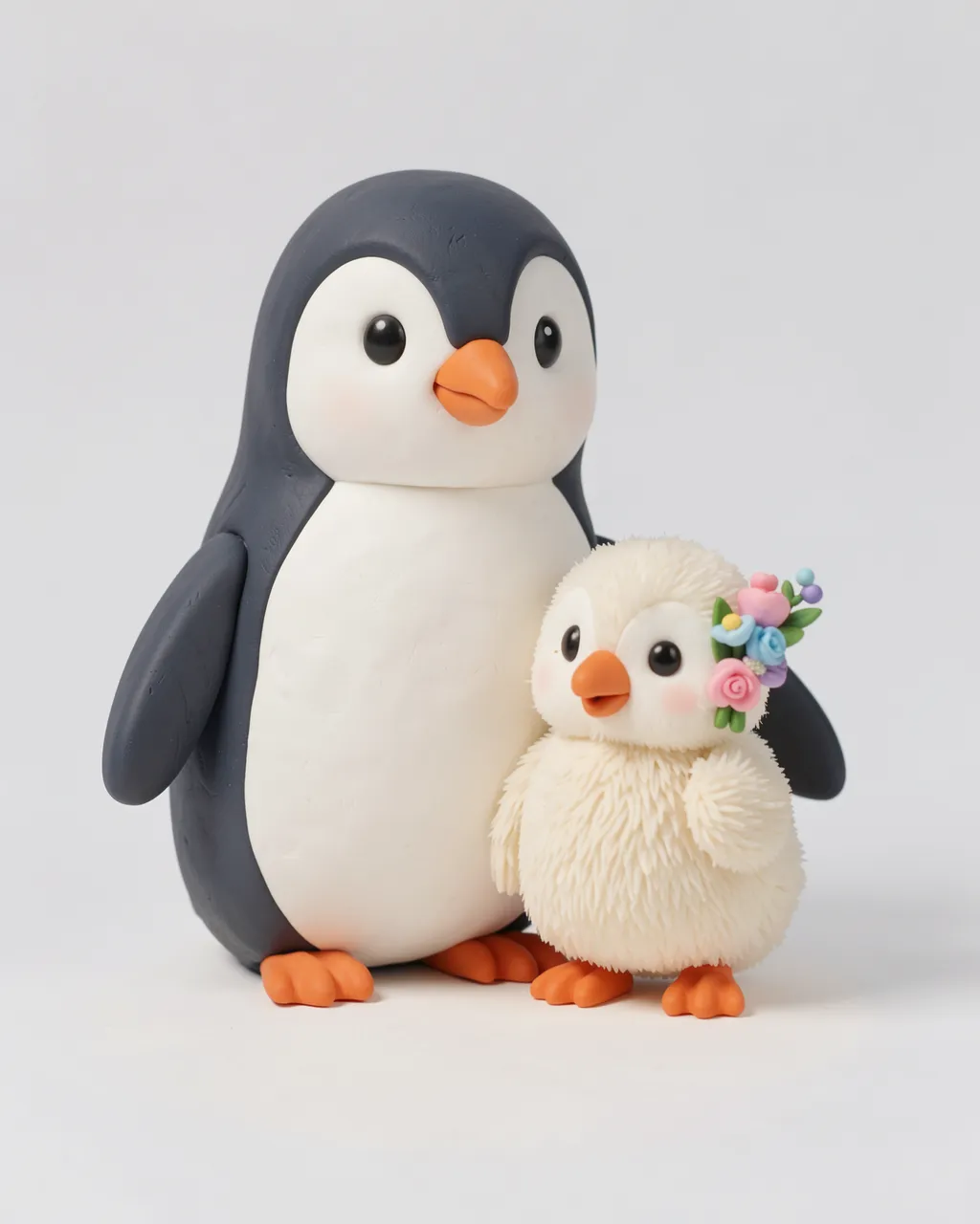 Cute 3D clay render of an adult penguin standing beside a fluffy chick holding a tiny colorful flower bouquet against a