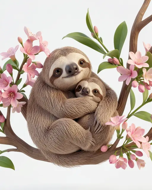 A fluffy 3D rendered mother sloth hugs her baby while sitting on a branch with pink flowers