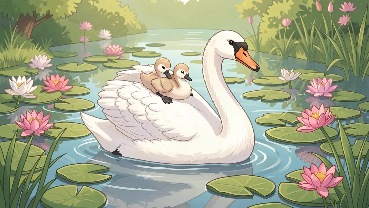 A mother swan carries two fluffy cygnets on her back while floating across a lily dotted pond.