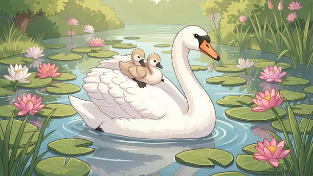 A mother swan carries two fluffy cygnets on her back while floating across a lily dotted pond.