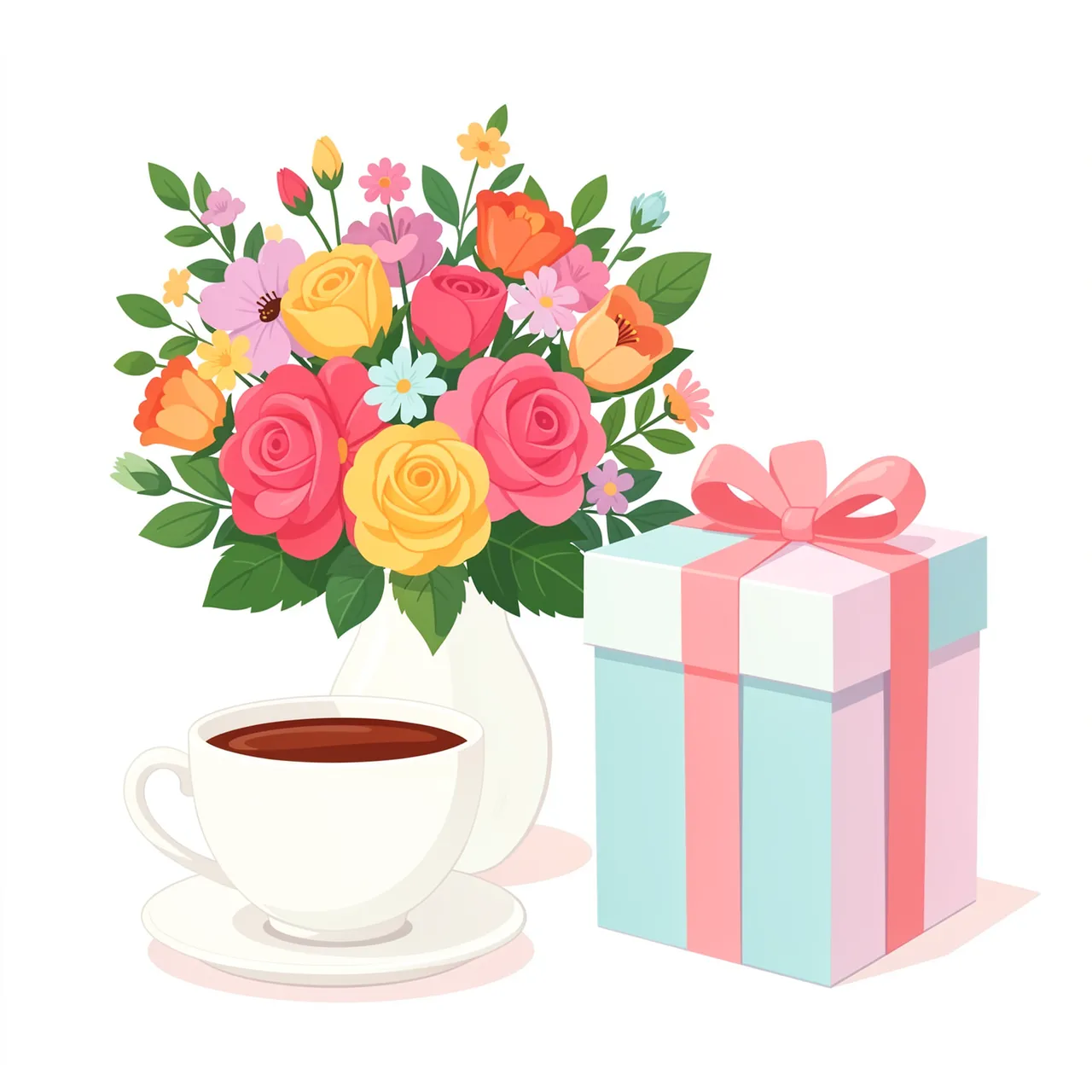 Flat illustration showing a flower bouquet in a vase, teacup, and pastel gift box on a plain white background