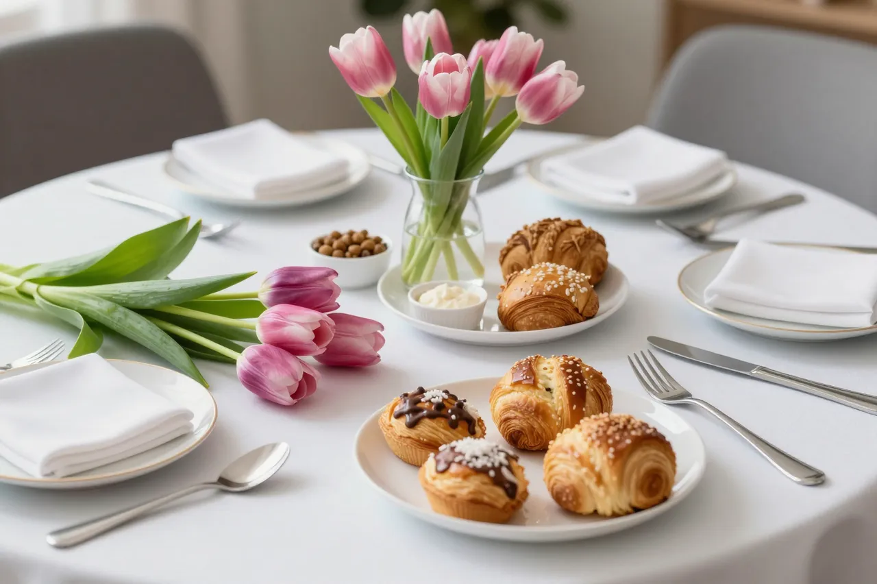 Round white table set with pastries, pink tulips, and place settings for a festive breakfast.