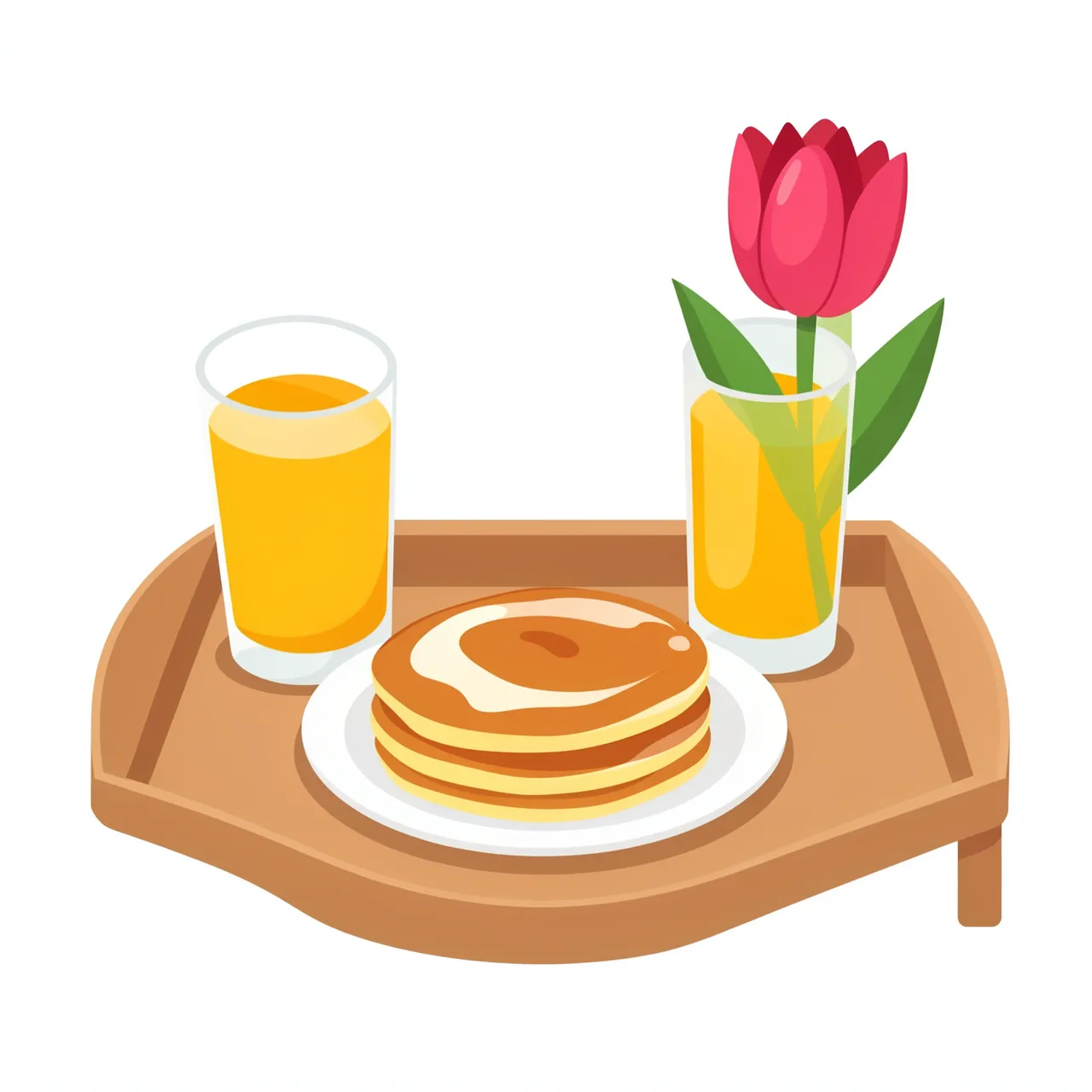 Wooden breakfast tray holding pancakes, orange juice, and a pink tulip for Mother's Day