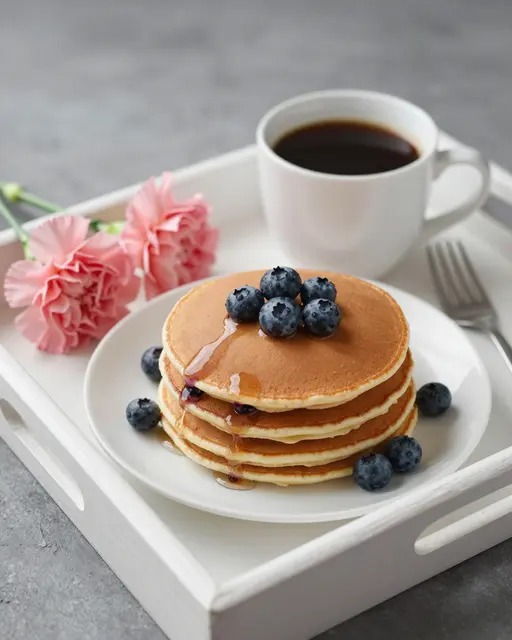 Stack of blueberry pancakes, black coffee and pink carnations arranged on a white wooden tray