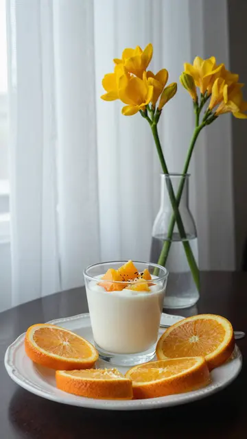 A yogurt parfait with orange slices and yellow freesia sit beside sheer window curtains