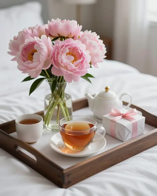 A wooden breakfast tray with tea, pink peonies and a small gift sits on a white bed in soft morning light.