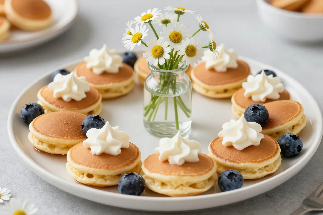 A round platter of mini pancakes with whipped cream and blueberries surrounds a small vase of daisies for a Mother's Day