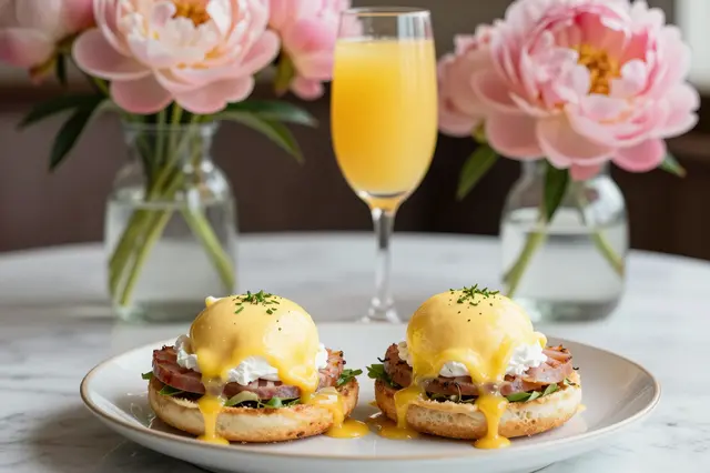 Eggs Benedict, a mimosa, and vases of pink peonies arranged on a marble table