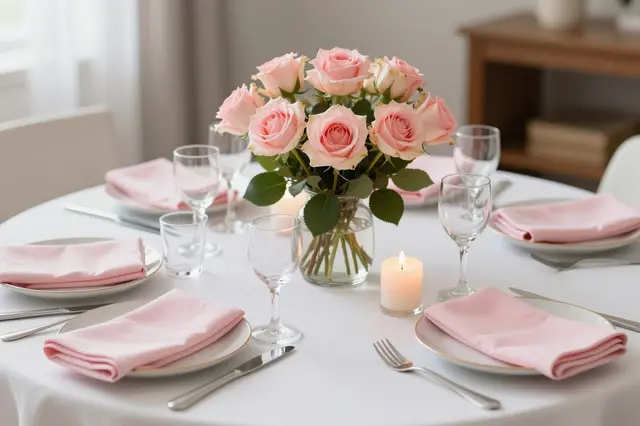 Round dining table set for four with pink napkins, rose centerpiece, and lit candles on a white tablecloth