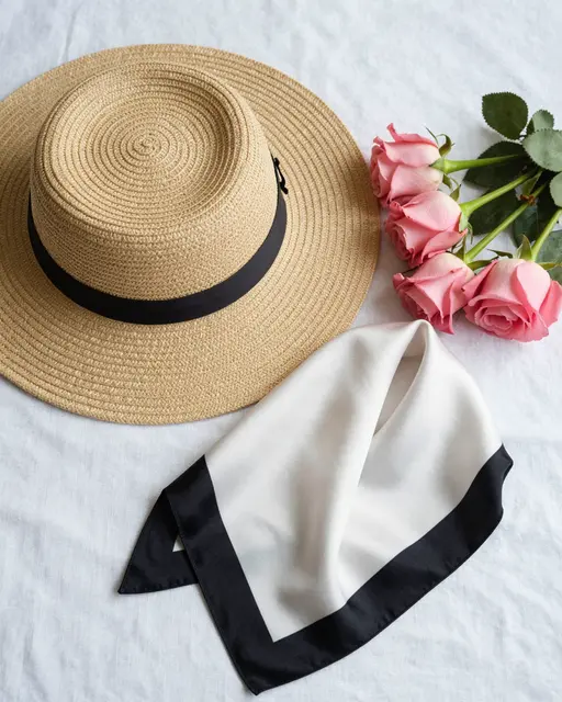 Top-down flat lay of a straw sun hat, silk scarf and pink roses arranged on crumpled white linen.