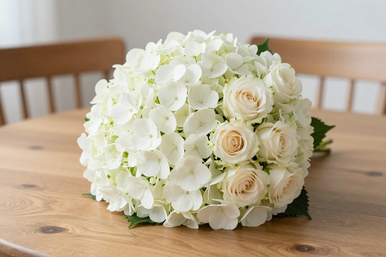 Bouquet of white hydrangeas and pale roses rests on a round light oak dining table
