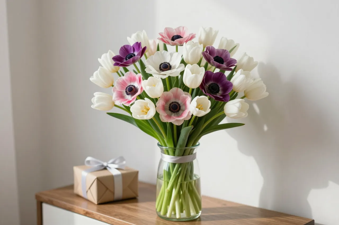Bouquet of anemones and white tulips in a glass vase next to a wrapped gift on a wooden console in soft afternoon light