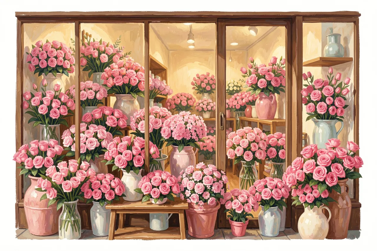 Gouache illustration of a flower shop window filled with abundant pink rose bouquets for Mother's Day