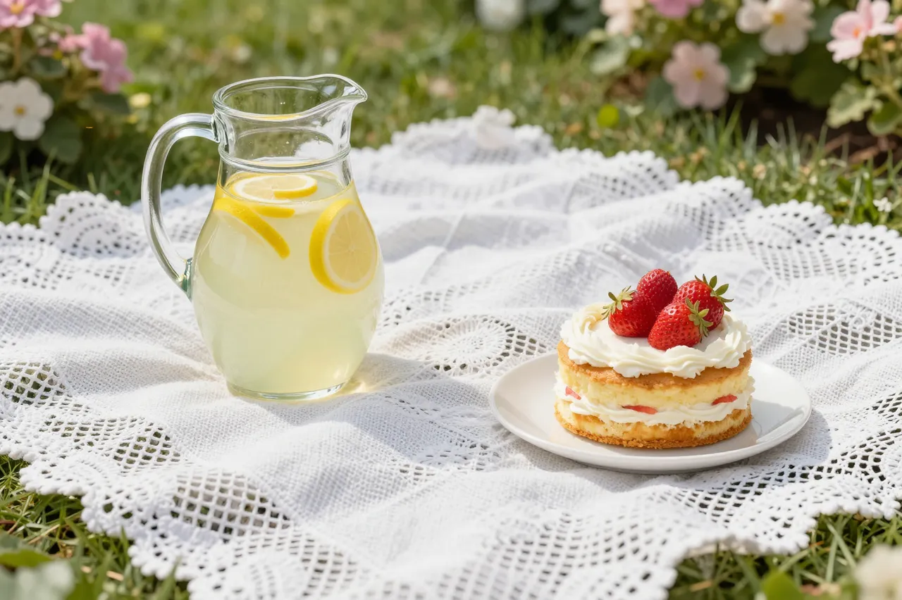 Lemonade pitcher and small strawberry cake sit on a lace picnic blanket in a sunlit flower garden