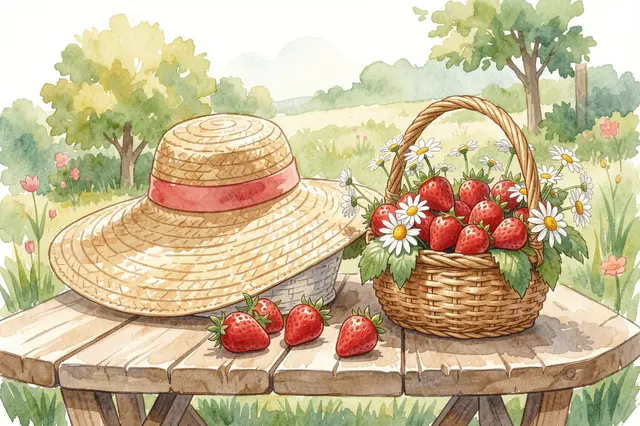 Watercolor illustration of a straw sun hat and strawberry daisy basket resting on a wooden garden table