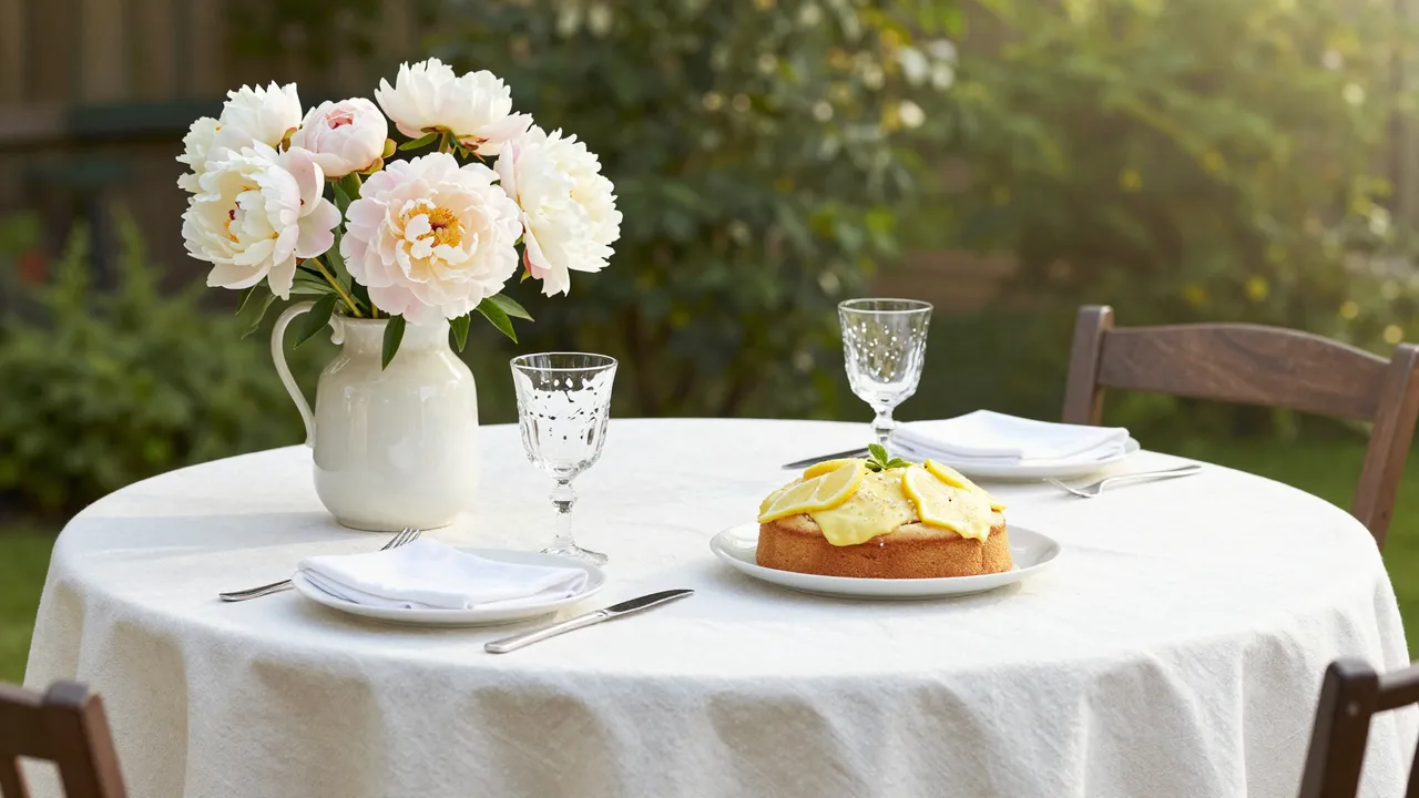 Round veranda table set with white linens, peonies in a jug and a lemon cake in warm sunny garden light