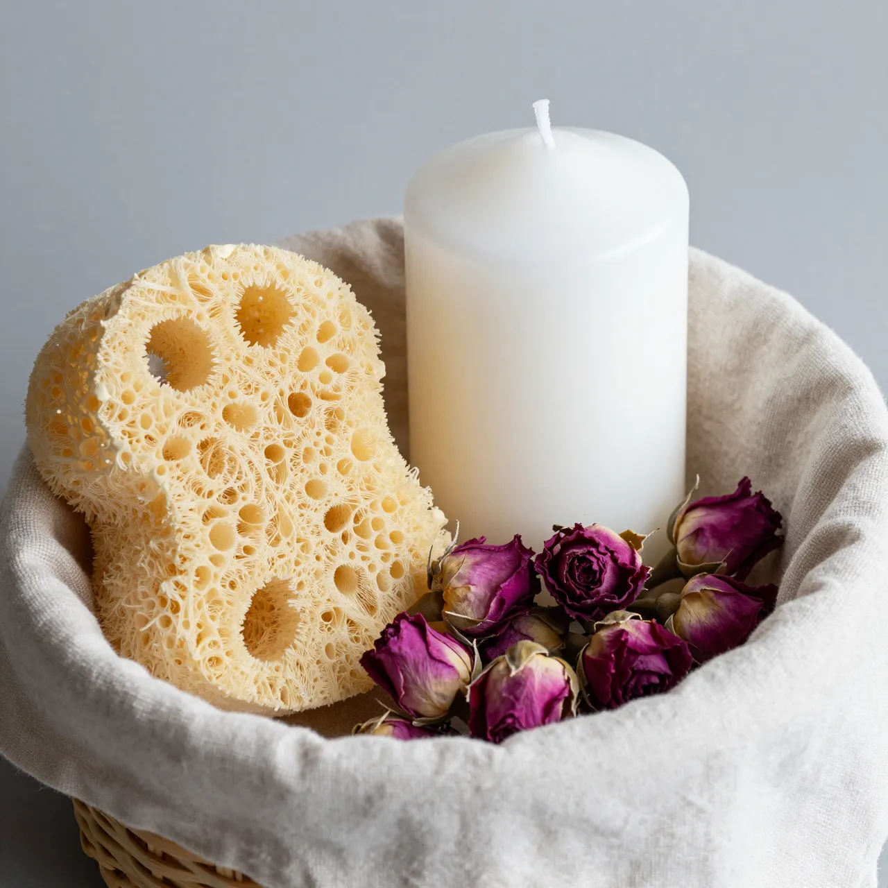 A wicker basket lined with linen holds a white pillar candle, sea sponge and dried purple rosebuds