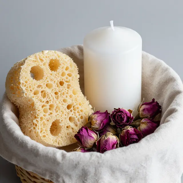 A wicker basket lined with linen holds a white pillar candle, sea sponge and dried purple rosebuds