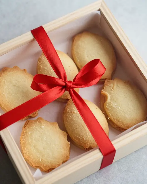 Top view of homemade shortbread cookies in a parchment-lined wooden box tied with a red satin bow