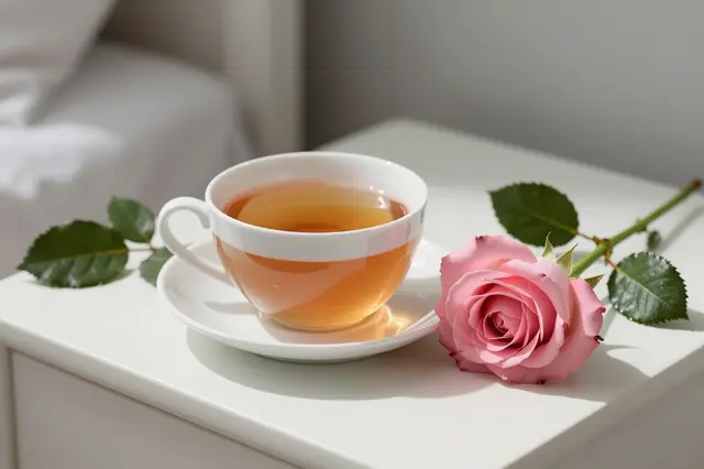 A cup of tea on a white saucer sits next to a single pink rose on a sunlit bedside table