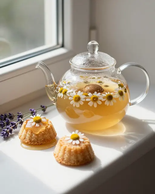 Glass chamomile teapot, honey cakes and lavender sit on a sunlit windowsill