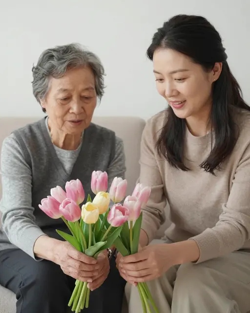 An older East Asian woman and her adult daughter sit together holding bouquets of pink and yellow tulips.