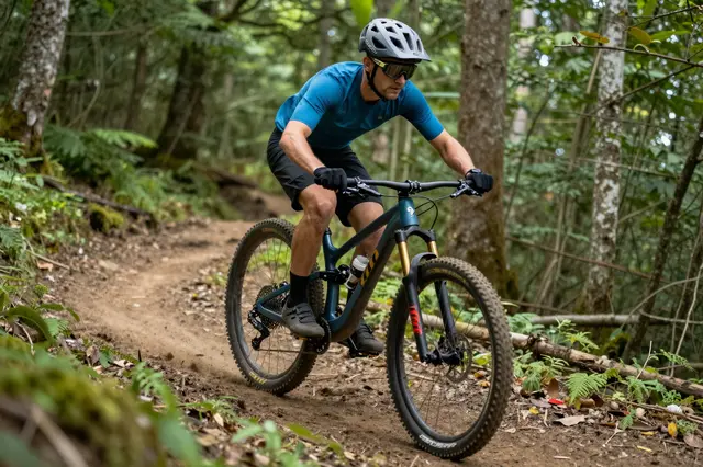 A helmeted mountain biker rides a dirt trail through a dense green forest.