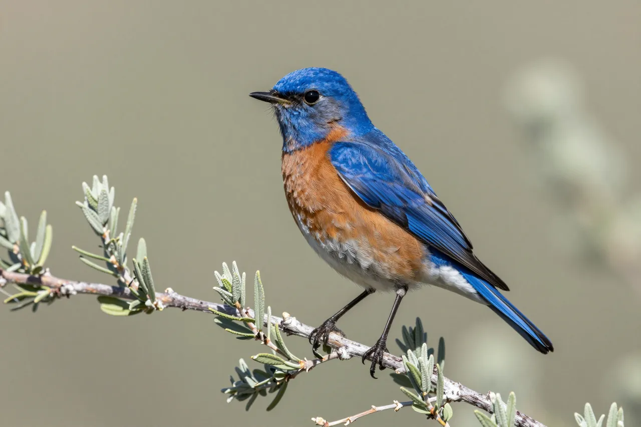 A vibrant mountain bluebird perches upright on a sagebrush branch against a soft blurred background.