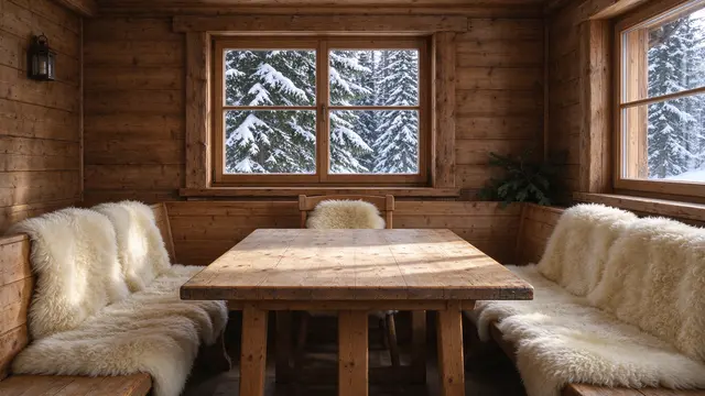 Cozy wooden mountain cabin dining nook with sheepskin seating overlooking snow-covered fir trees