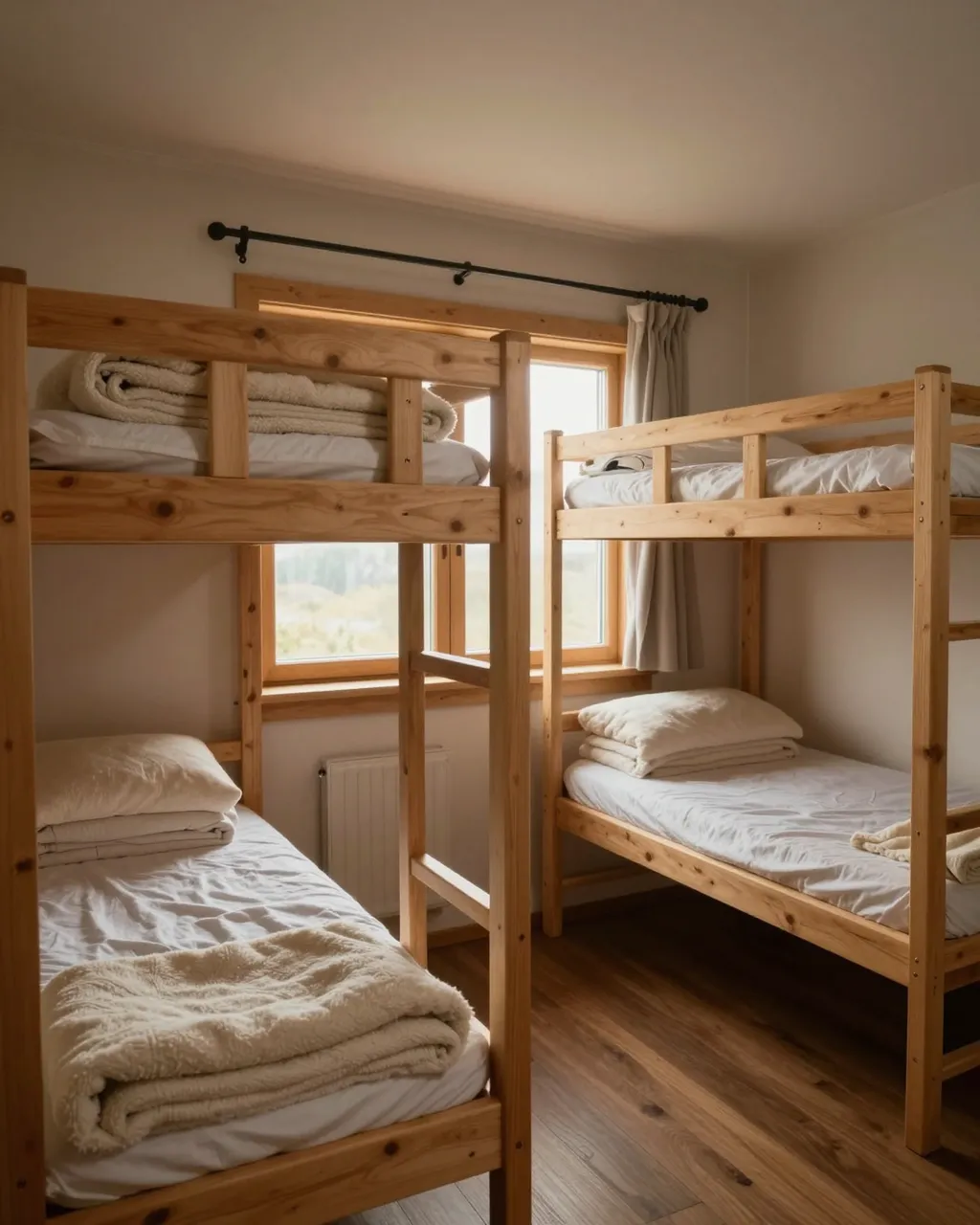 Sunlit empty bunk room inside a mountain hut with stacked wool blankets on wooden bunk beds