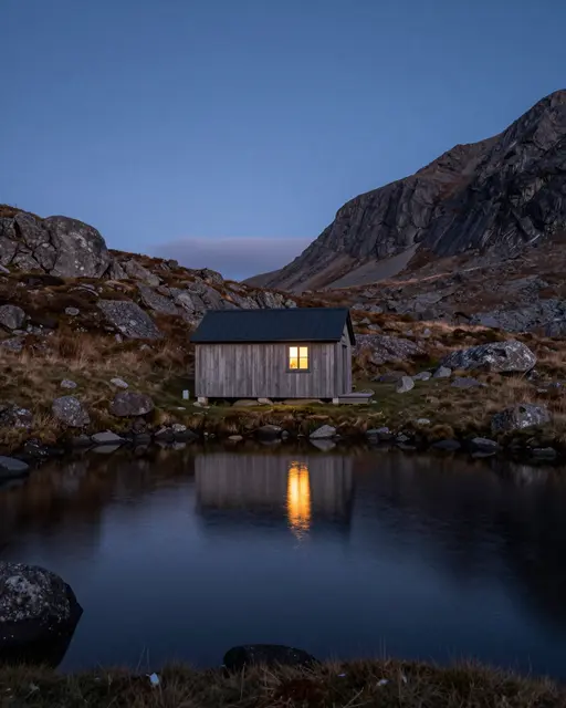 A lit wooden mountain hut sits beside a calm alpine tarn as dusk falls, with its warm window reflected in the water.
