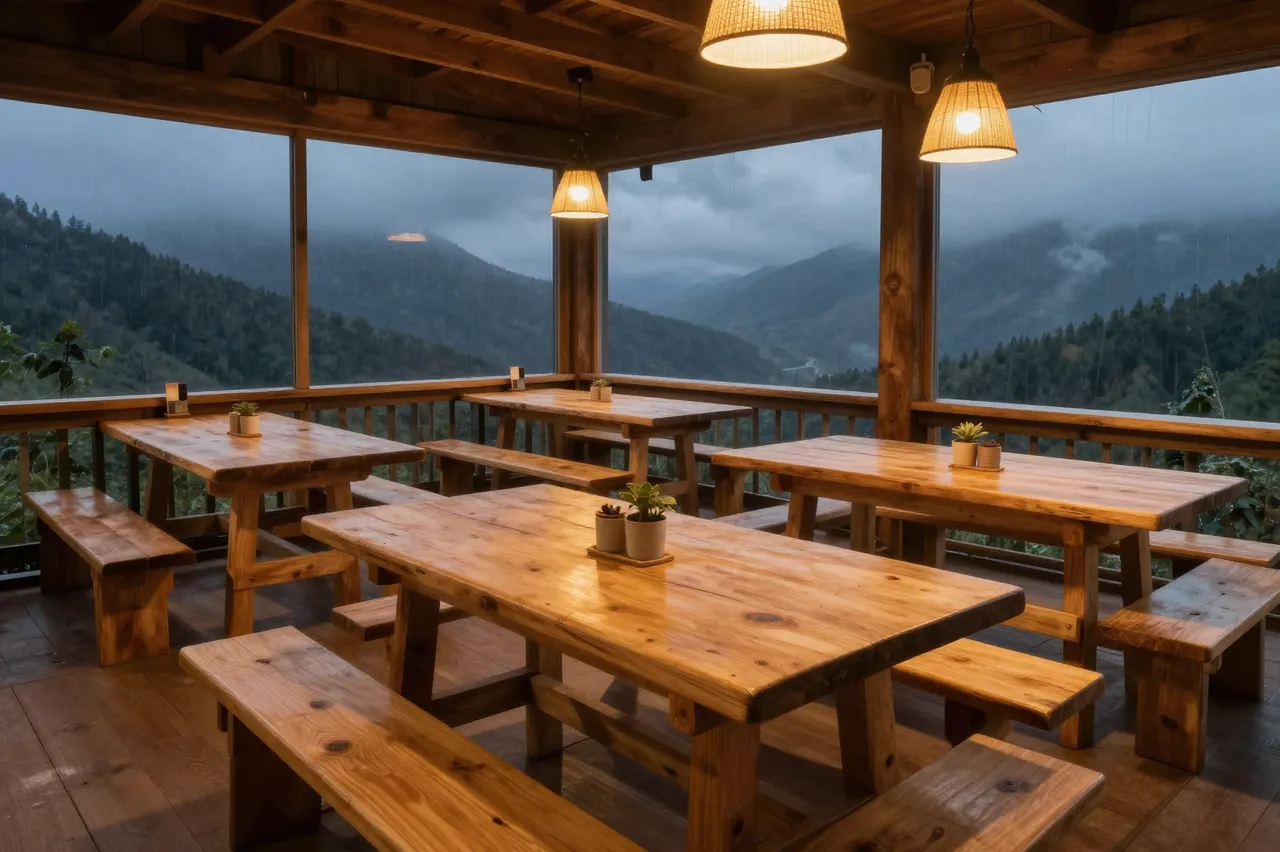 Empty wooden mountain hut dining area lit by warm pendant lamps overlooking stormy forested mountains