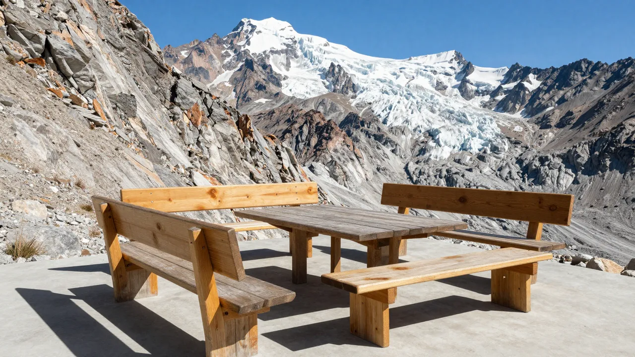 Wooden table and benches sit on a mountain hut terrace facing a snow-capped glacial peak under clear blue noon sky