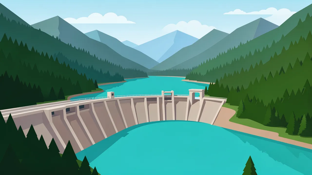 Flat vector illustration of a concrete hydroelectric dam holding a turquoise lake between forested mountain ranges