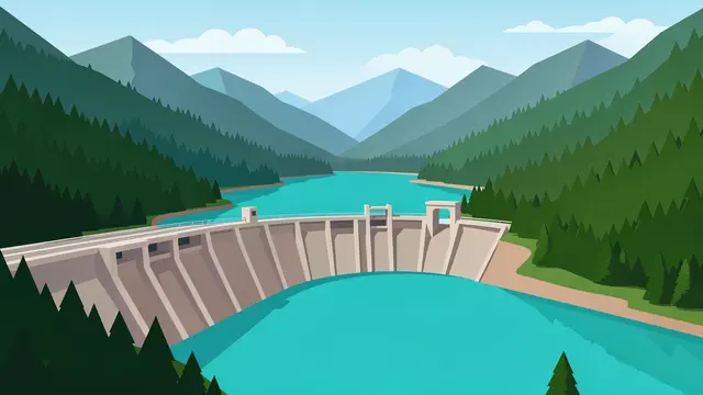 Flat vector illustration of a concrete hydroelectric dam holding a turquoise lake between forested mountain ranges