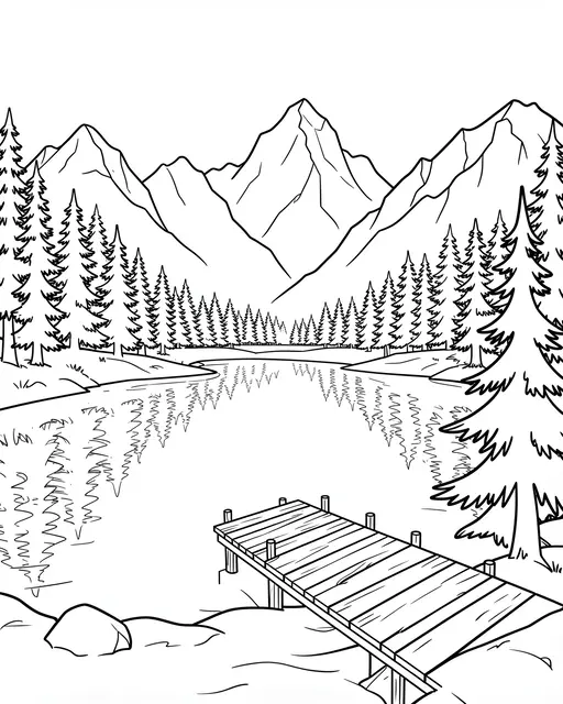 Black and white line art of a mountain lake with pine trees and a wooden dock on a white background