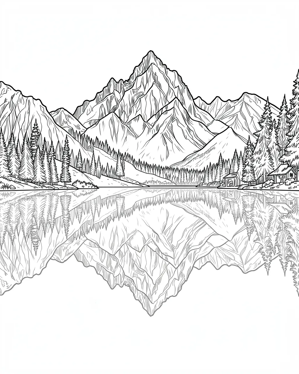 Black and white line art of a mountain range and pine forest perfectly reflected in a still calm lake