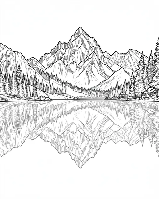 Black and white line art of a mountain range and pine forest perfectly reflected in a still calm lake