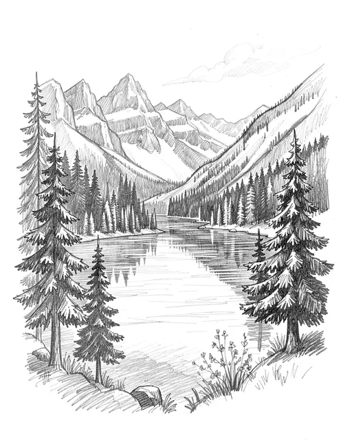 Graphite pencil landscape sketch of an alpine lake framed by pine trees and snow-capped peaks