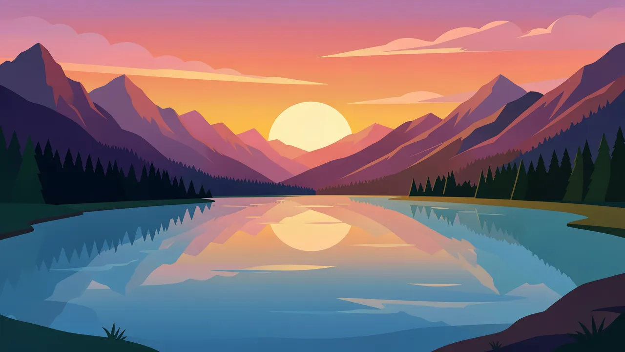 Flat color illustration of a calm mountain lake reflecting a low sun rising over distant peaks