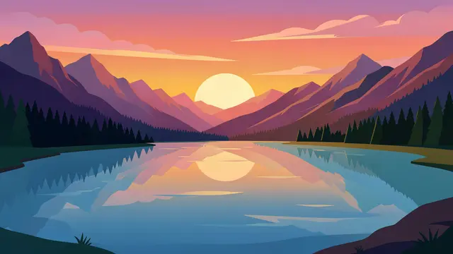 Flat color illustration of a calm mountain lake reflecting a low sun rising over distant peaks