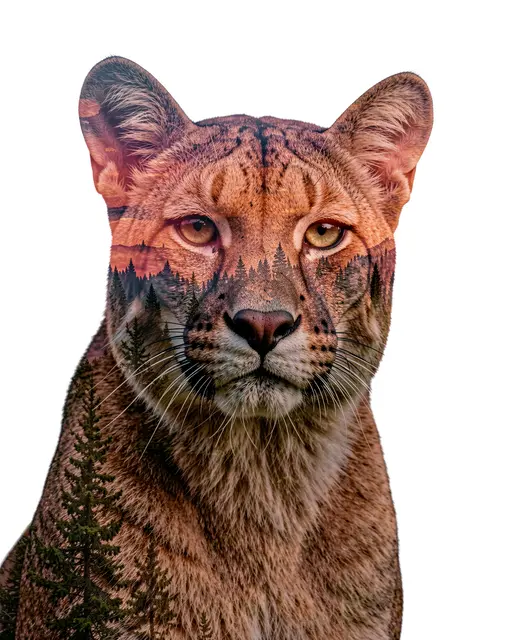 Double exposure portrait of a mountain lion filled with pine mountain scenery on a white background