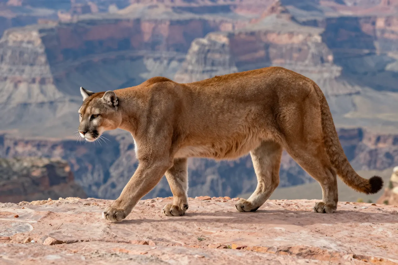 A tawny mountain lion walks slowly across a rocky canyon ledge with layered canyon cliffs in the background.