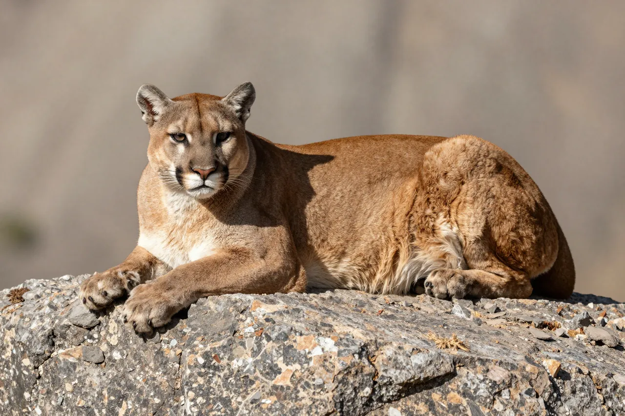 A mountain lion lies relaxed on a sunlit rocky ledge, gazing directly at the camera with a blurred mountain backdrop.