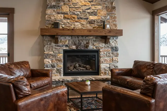 Cozy mountain lodge lounge centered on a stacked stone fireplace with brown leather seating and a wooden coffee table