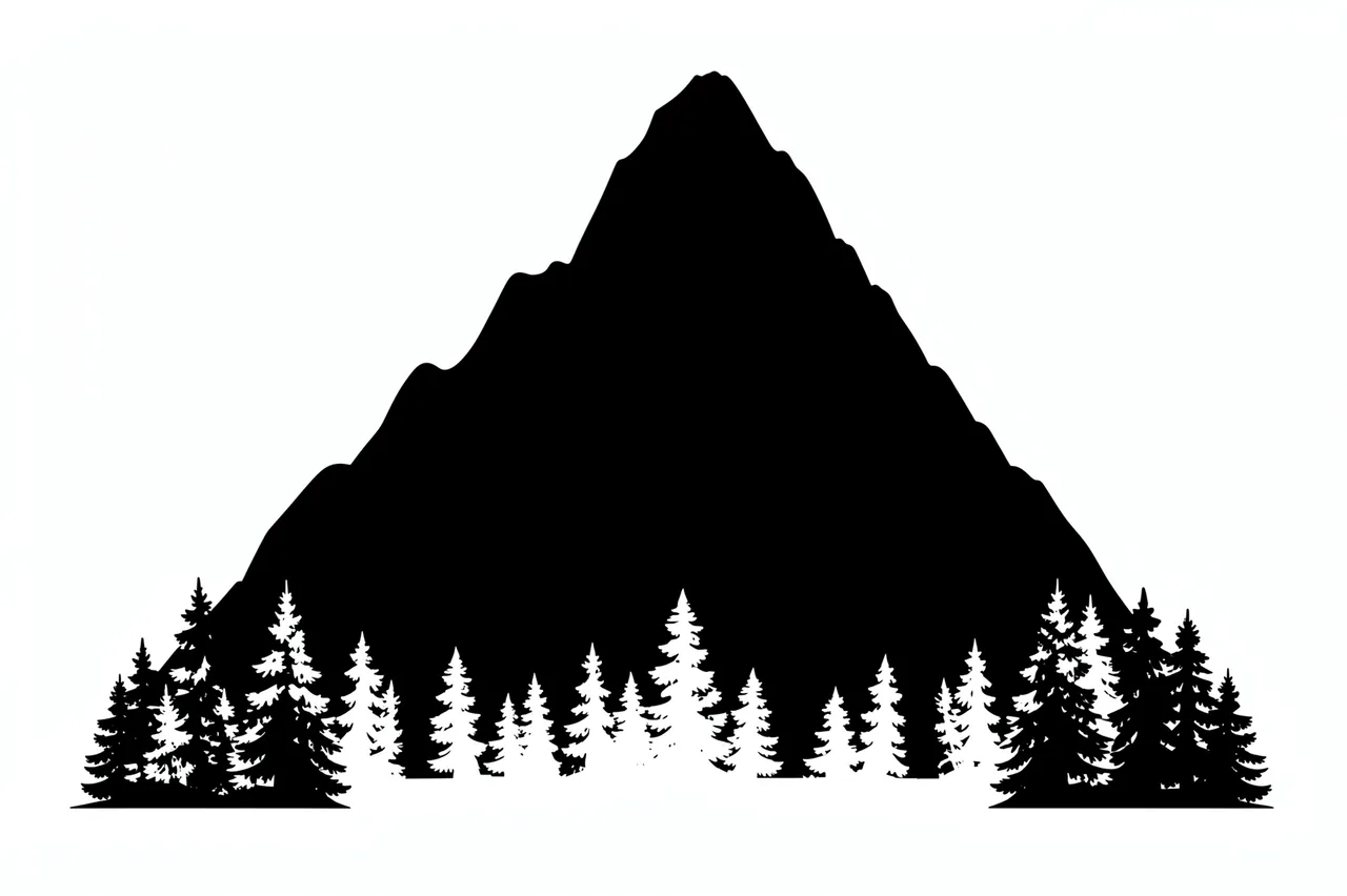 Solid black steep mountain peak silhouette with pine trees at its base on a plain white background