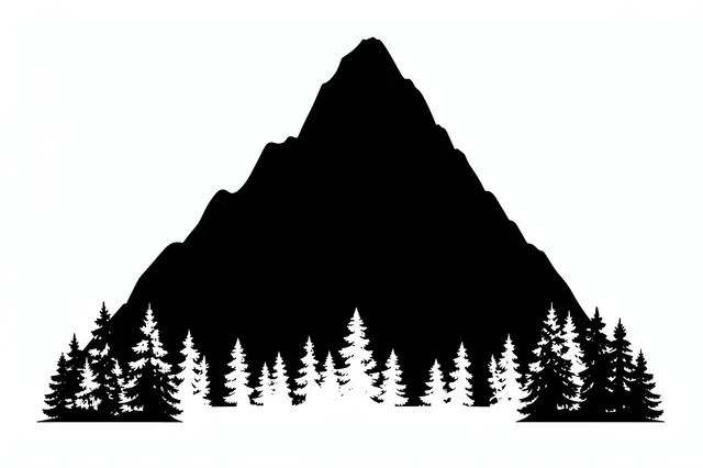 Solid black steep mountain peak silhouette with pine trees at its base on a plain white background