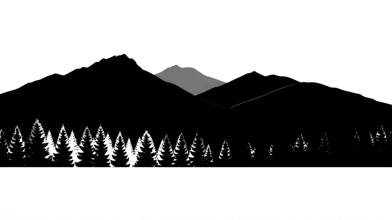 Black and gray mountain range silhouette with pine trees set against a plain white background