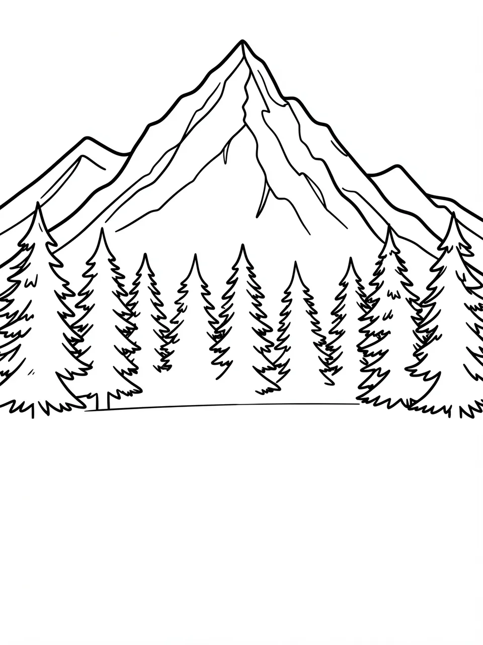 Black and white bold line art of a mountain peak behind a row of pine trees on a plain white background