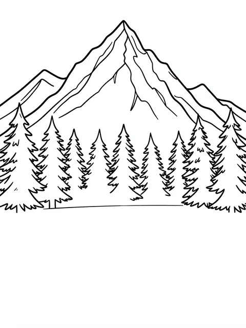 Black and white bold line art of a mountain peak behind a row of pine trees on a plain white background